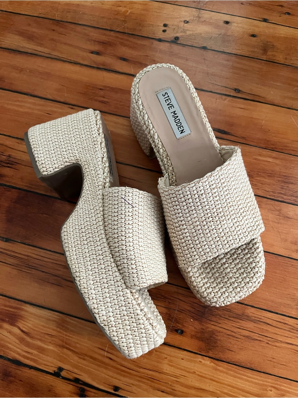 Steve Madden Cream Tan Woven Platform Slide Heels Wicker 9.5